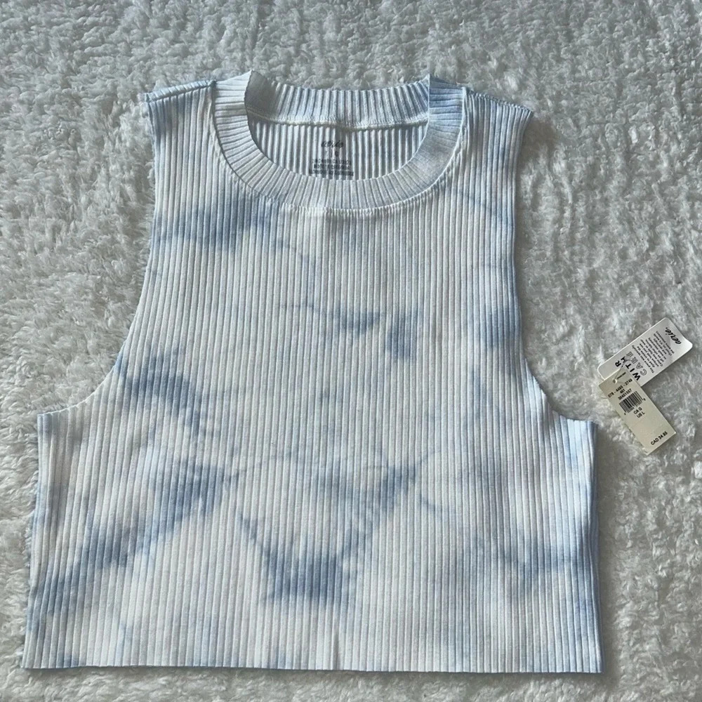 Aerie Rebel Ribbed Crop Tank Top Size Large Blue & White NWT